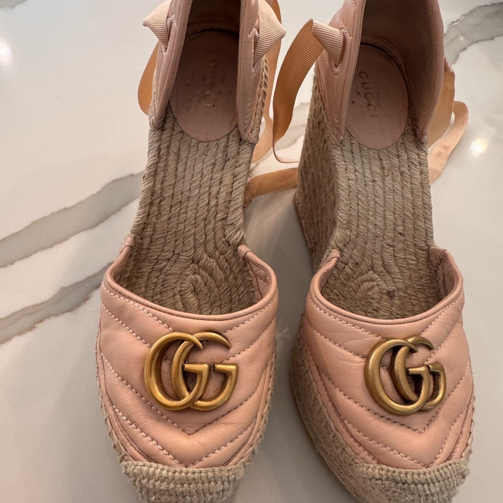 Authentic Gucci Pink Espadrille Wedge Sandals